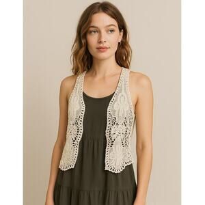 Swoon Cream Crochet Lace Vest 100% Cotton, Boho Festival Layering Piece S/M